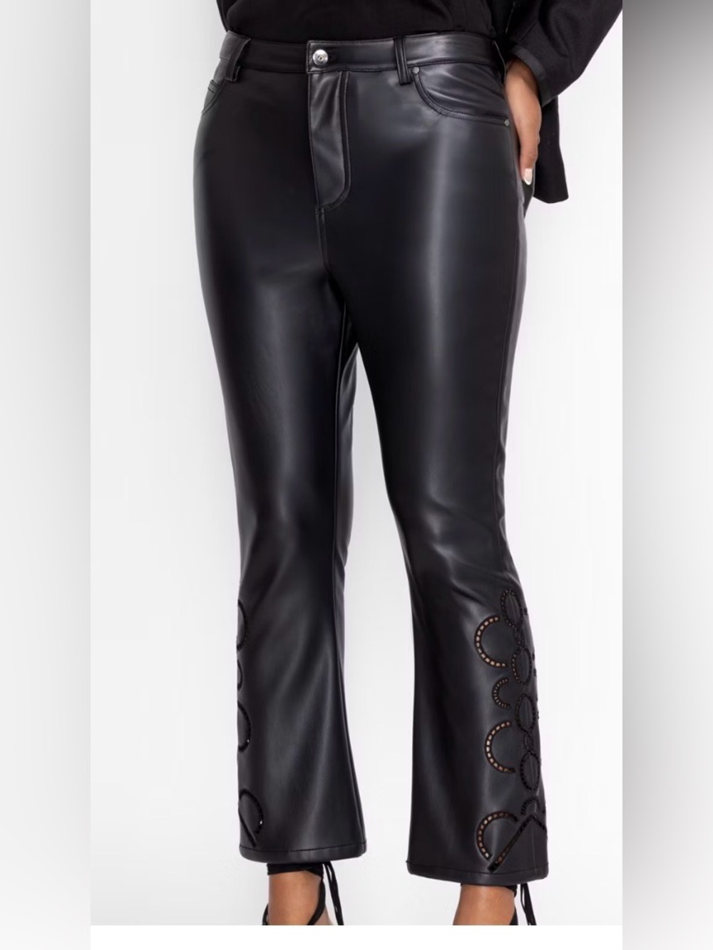 Johnny Was Black Faux Leather Wide Leg Jeans with Cutout Detail 32